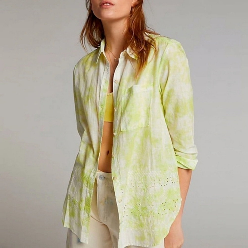 Pilcro The Cate Classic Buttondown Womens Sz XS Green Yellow Watercolor Abstract